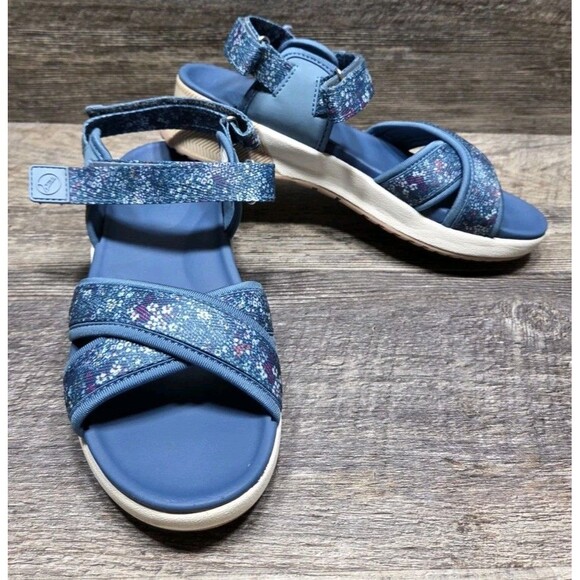 Lands End Sandals Womens 7B Strappy Wedge Comfort Blue Flowers Hook&Loop - Picture 1 of 9